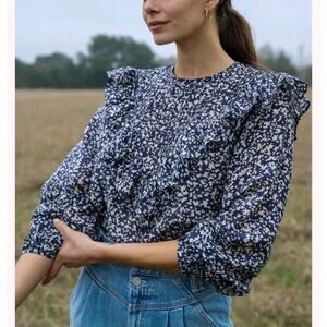MIRTH Farrar Blouse L Blue Block Printed Handmade Coastal Cowgirl Cotton Silk